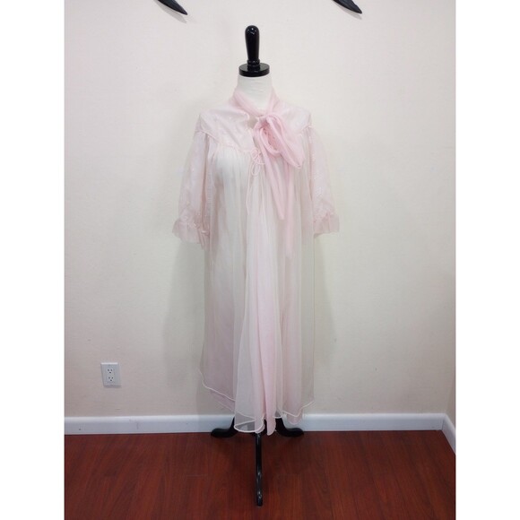 Vintage 1950's Pink Double Layer Sheer Chiffon & Lace Peignoir Robe Bow Tie - M - Picture 1 of 10